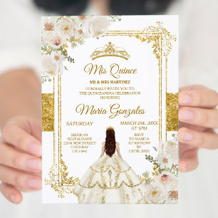 Invitación Quinceanera Marfil White Gold Floral Birwn