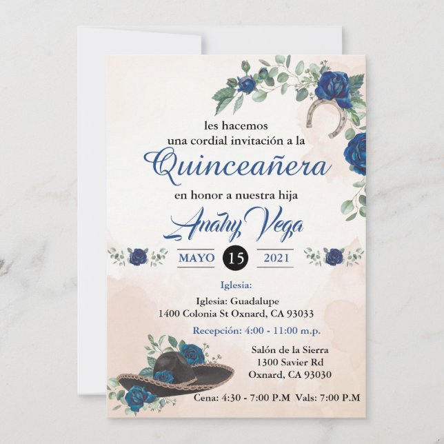 Invitación QUINCEANERA Mariachi Charra Rustic Blue (Anverso)