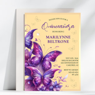 Invitación Quinceañera Mariposa Amarilla Purpura Dorada