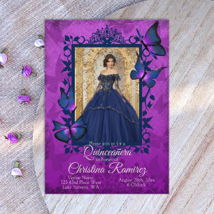 Invitación Quinceañera Mariposa Azul Oscuro Púrpura Real 