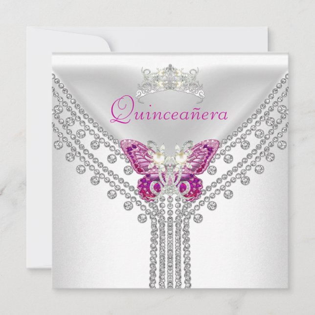 Invitación Quinceañera Mariposa Blanca Rosa Diamante 2 (Anverso)