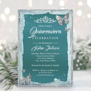 Invitación Quinceañera Mariposa de Diamante Plateado Verde