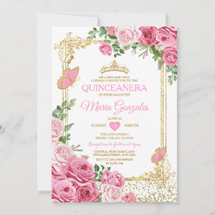 Invitación Quinceañera Mariposa de la Corona de Oro Rosa 15 A