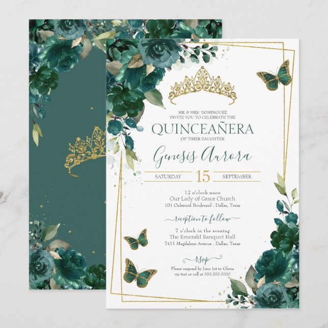Invitación Quinceañera Mariposa Esmeralda Verde Elegante (Anverso / Reverso)