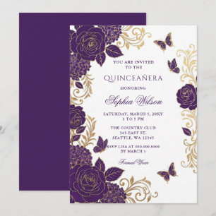 Invitación Quinceañera Mariposa Floral Dorada Púrpura
