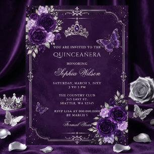 Invitación Quinceañera Mariposa Floral Morado Plata