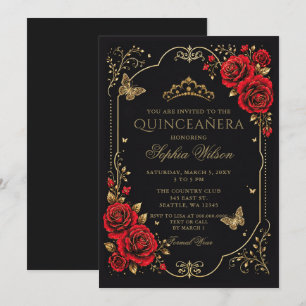 Invitación Quinceañera Mariposa Floral Oro Negro Rojo