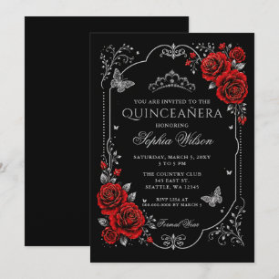 Invitación Quinceañera Mariposa Floral Plateada Negra Roja