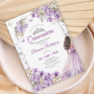 Invitación Quinceañera Mariposa Floral Plateada Púrpura