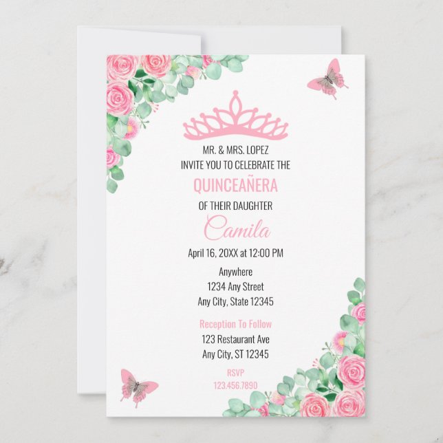 Invitación Quinceañera Mariposa Floral Rosa Mis Quince Anos (Anverso)