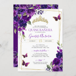 Invitación Quinceañera Mariposa Morado Acuarela Flora