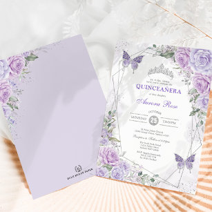 Invitación Quinceañera Mariposa Morado Lilac Plata Floral