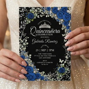Invitación Quinceañera Mariposa Plateada de Azul Real y Negro