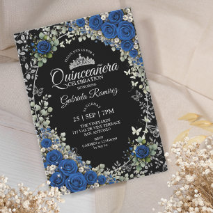 Invitación Quinceañera Mariposa Plateada de Azul Real y Negro