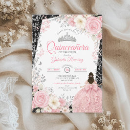 Invitación Quinceañera Mariposa Plateada Rosa y Negro