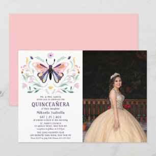 Invitación Quinceañera Mariposa Púrpura Rosa Flora Floral