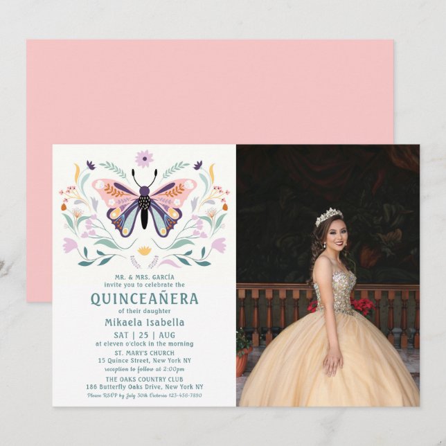 Invitación Quinceañera Mariposa Púrpura Rosa Flora Floral (Anverso / Reverso)