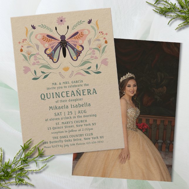Invitación Quinceañera Mariposa Púrpura Rosa Flora Floral (Subido por el creador)
