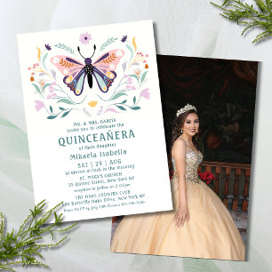 Invitación Quinceañera Mariposa Púrpura Rosa Flora Floral