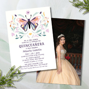 Invitación Quinceañera Mariposa Púrpura Rosa Flora Floral