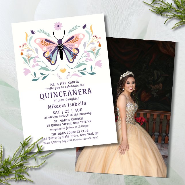 Invitación Quinceañera Mariposa Púrpura Rosa Flora Floral (Subido por el creador)