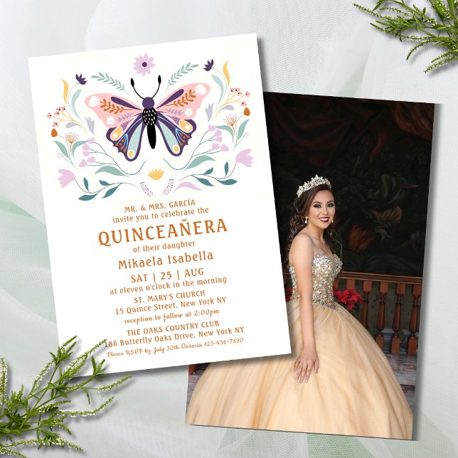 Invitación Quinceañera Mariposa Púrpura Rosa Flora Floral (Subido por el creador)