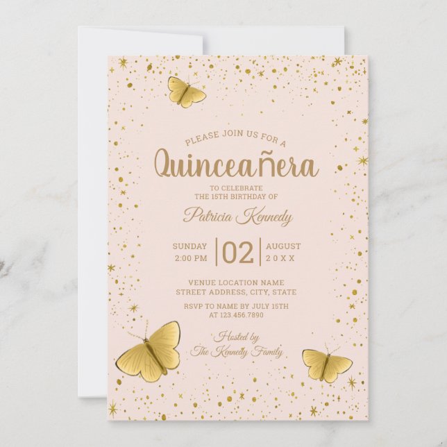 Invitación Quinceanera, Mariposa Purpurina De Oro Y Rubor (Anverso)