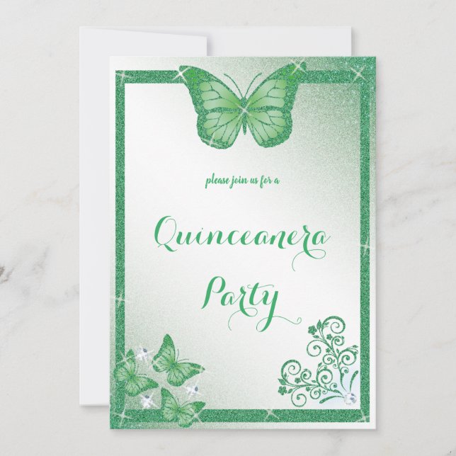 Invitación quinceanera mariposa purpurina verde elegante (Anverso)