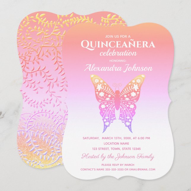 Invitación Quinceañera Mariposa Rosa Cumpleaños 15 (Anverso / Reverso)