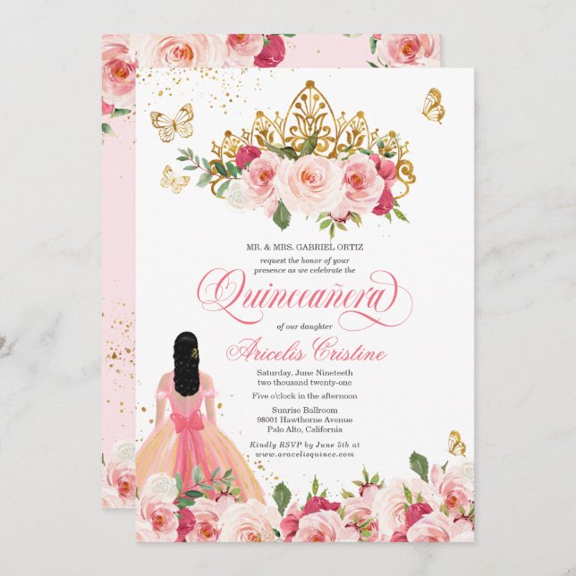 Invitación Quinceañera Mariposa Rubor Pink Watercolor Floral (Anverso / Reverso)
