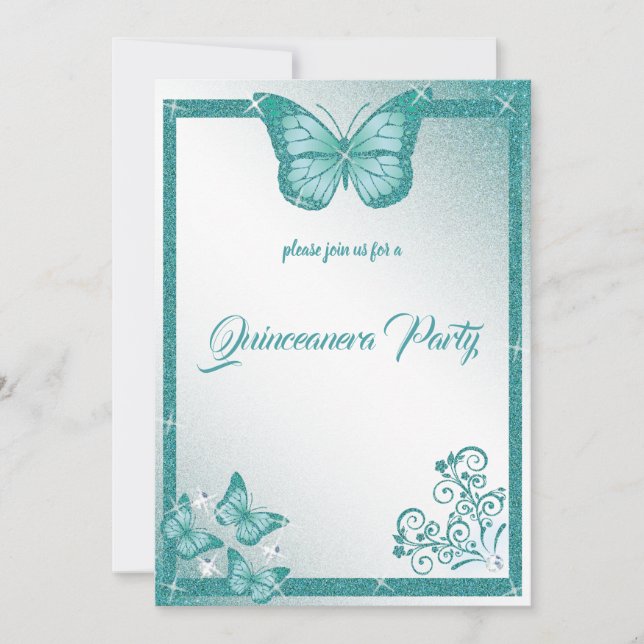 Invitación quinceanera mariposa turquesa purpurina elegante (Anverso)