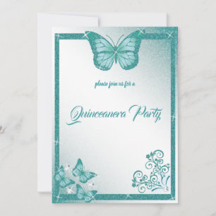 Invitación quinceanera mariposa turquesa purpurina elegante