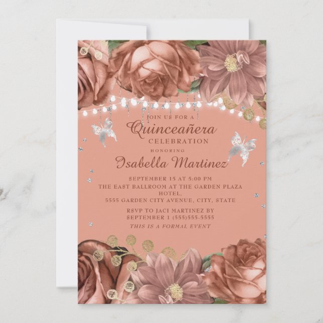 Invitación Quinceañera Mariposas Coral Plata (Anverso)