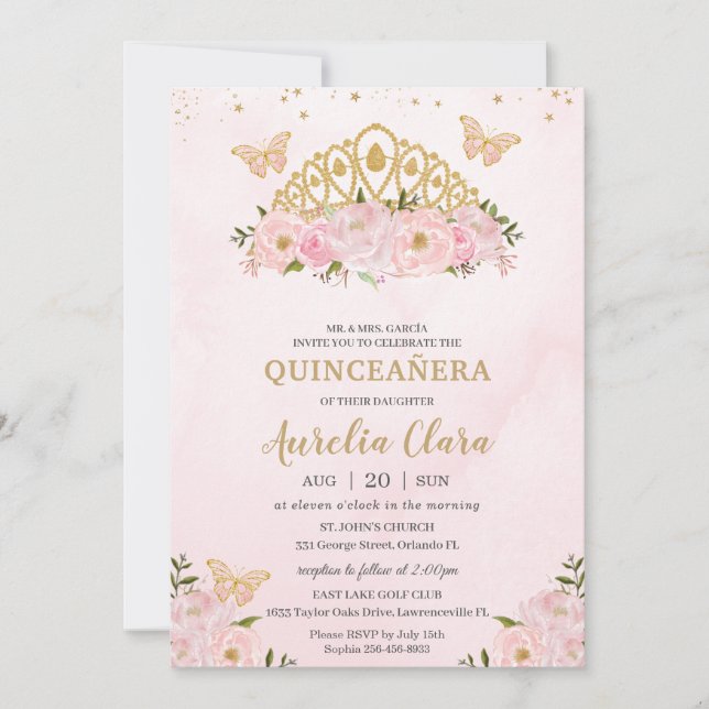 Invitación Quinceañera Mariposas Florales Rosa (Anverso)