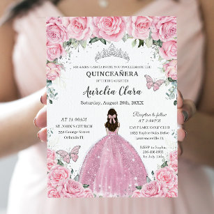 Invitación Quinceañera Mariposas Florales Rosadas Plata Tiara