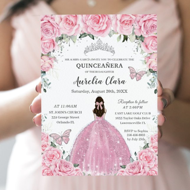 Invitación Quinceañera Mariposas Florales Rosadas Plata Tiara (Subido por el creador)