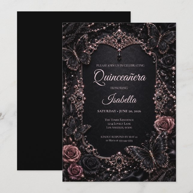 Invitación Quinceañera Mariposas Rosa de Lujo (Anverso / Reverso)