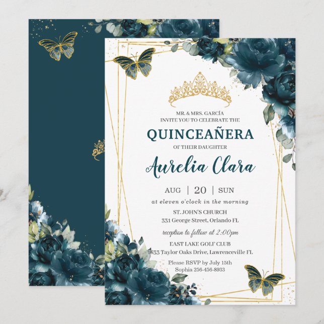 Invitación Quinceañera Mariposas Verde azuladas  de pavo real (Anverso / Reverso)