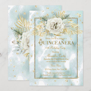 Invitación Quinceañera Mármol Rosa Floral Mint Turquesa Dorad