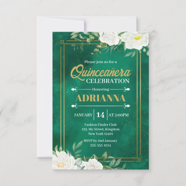 Invitación Quinceanera Marrón Verde Esmeralda Flora Blanca (Anverso)