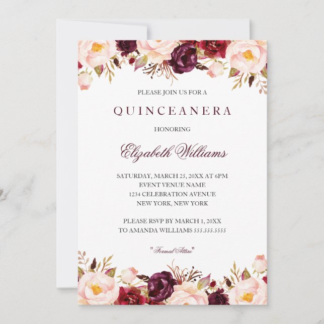 Invitación Quinceanera Marsala Floral Borgoña Rojo 15 (Anverso)