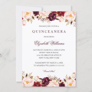 Invitación Quinceanera Marsala Floral Borgoña Rojo 15