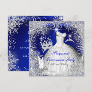 Invitación Quinceañera Máscara Azul Real Blanco Copos de Niev