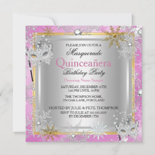Invitación Quinceañera Máscara Copos de Nieve Rosa Dorado Pla