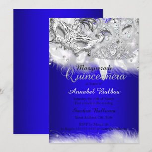 Invitación Quinceañera Máscara de Azul Real con Brillo de Pla