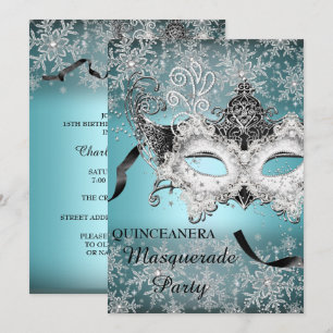 Invitación Quinceañera Máscara de Copo de Nieve Brillante Azu