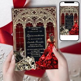 Invitación Quinceañera Máscara Gótica Rojo Dorado
