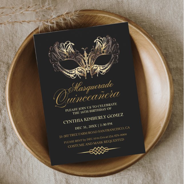 Invitación Quinceañera máscara oro negro Masquerade Cumpleaño (Subido por el creador)