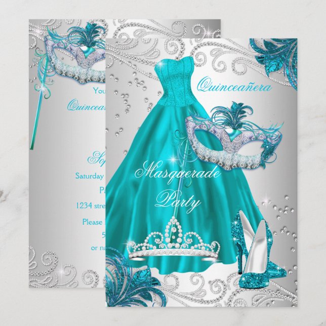 Invitación Quinceanera Máscara Verde azulada Plata Vestido Ma (Anverso / Reverso)