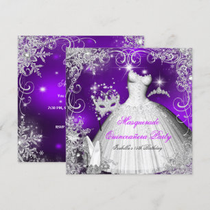 Invitación Quinceañera Mascarada Copos de Nieve Morados Blanc